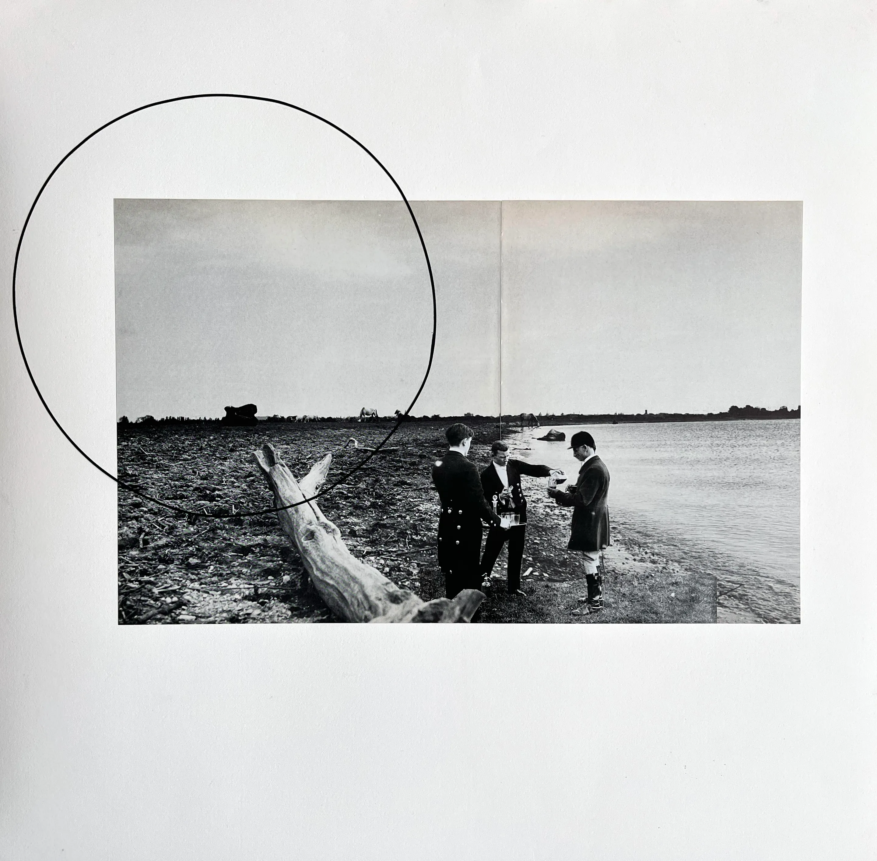 Square collage, muted earthy tones, landscape with ambiguous structure at the horizon