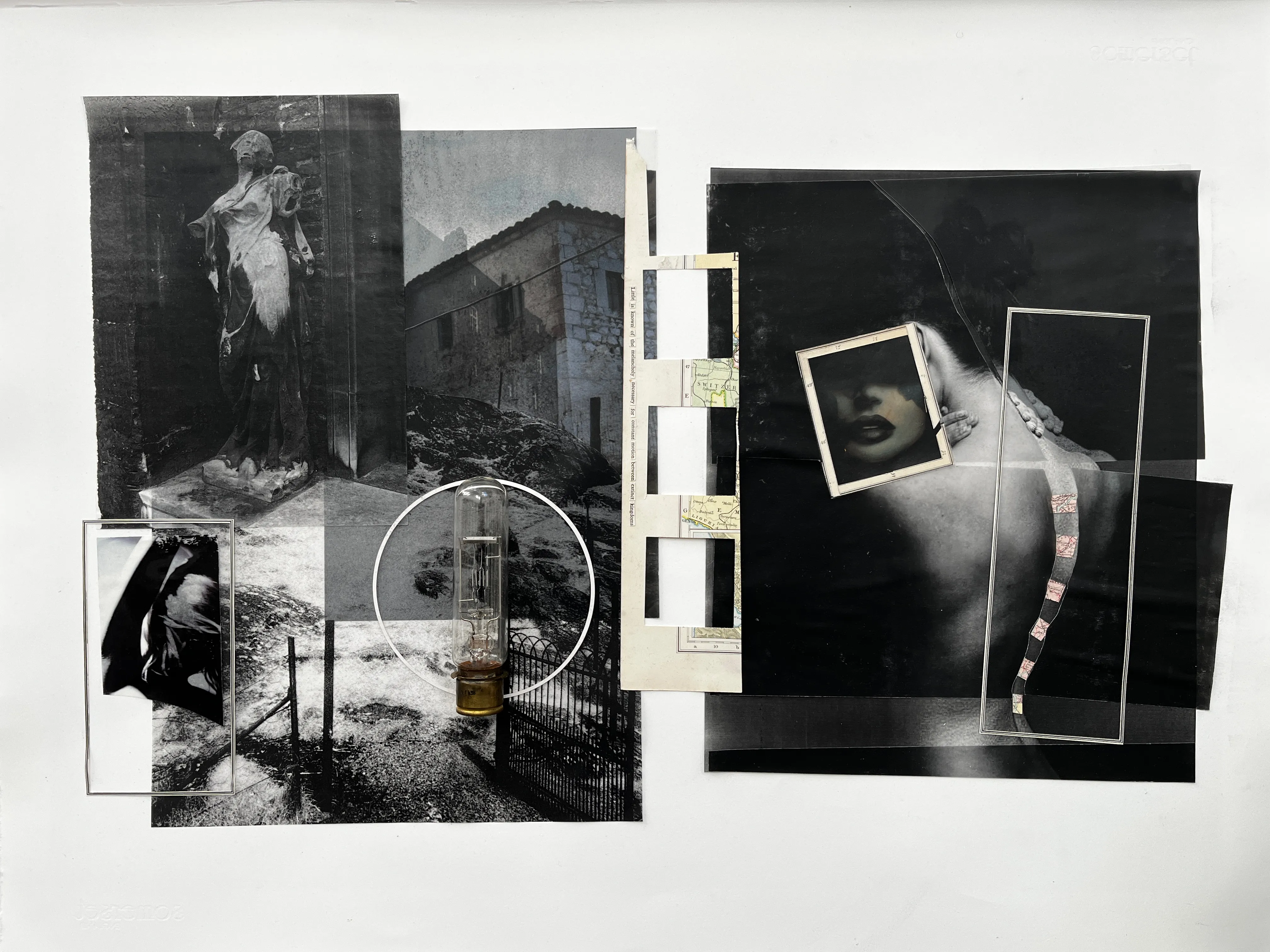 Large-format collage in greys and ochre, punctuated by a modified tree branch