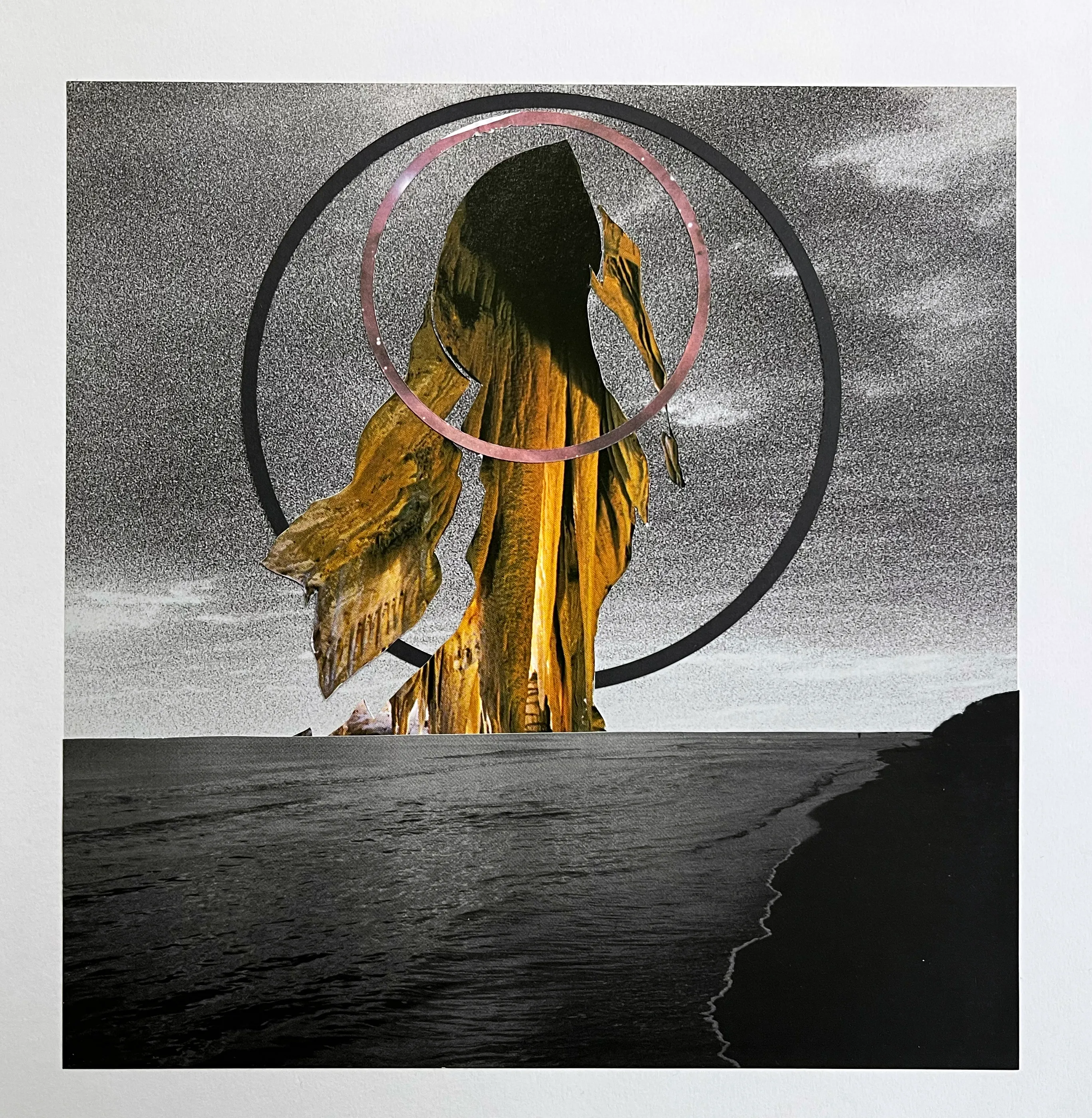 Large-format collage in deep blues and ochre, suggesting stratified rock and planetary atmosphere