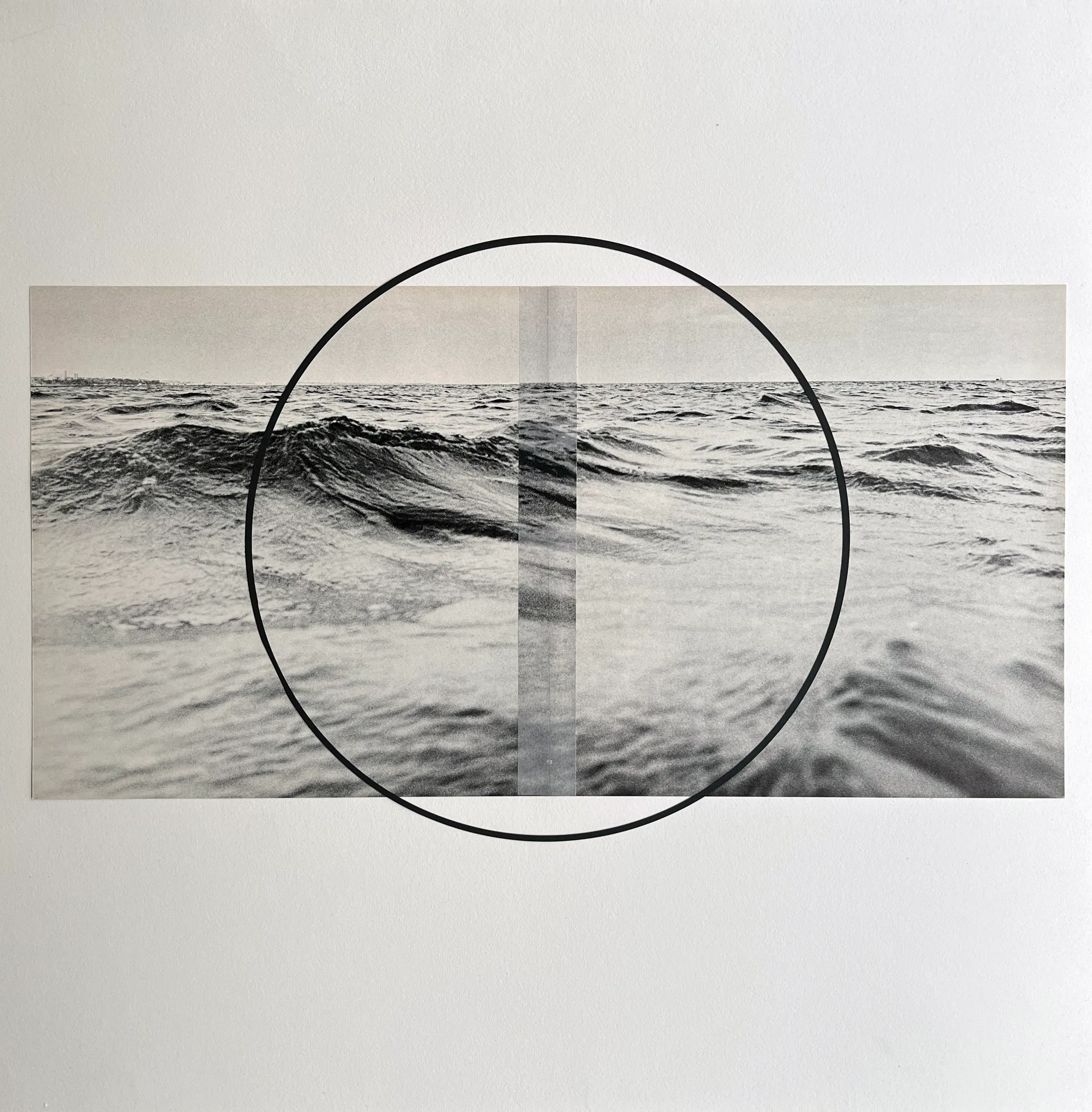 Square collage, muted earthy tones, landscape with ambiguous structure at the horizon