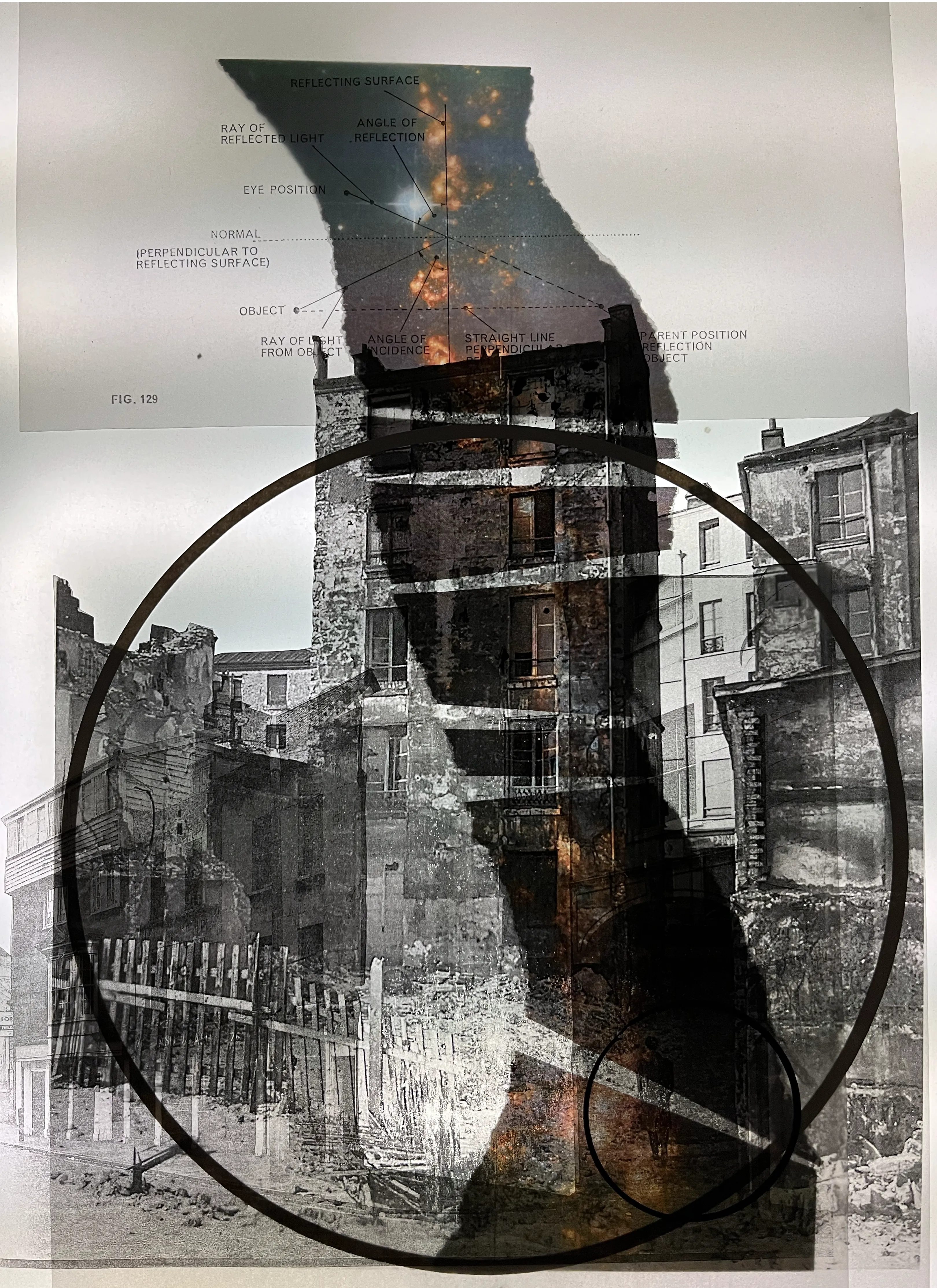 Layered photographic collage combining a scientific optics diagram, wartime architectural ruins, and astronomical imagery within a drawn circle