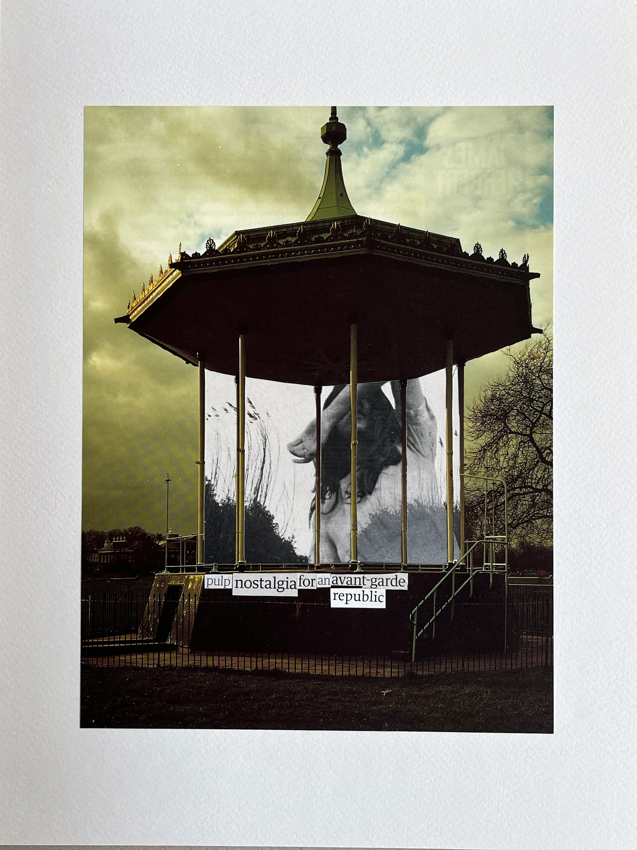 Square print combining dense photographic tone with overprinted text