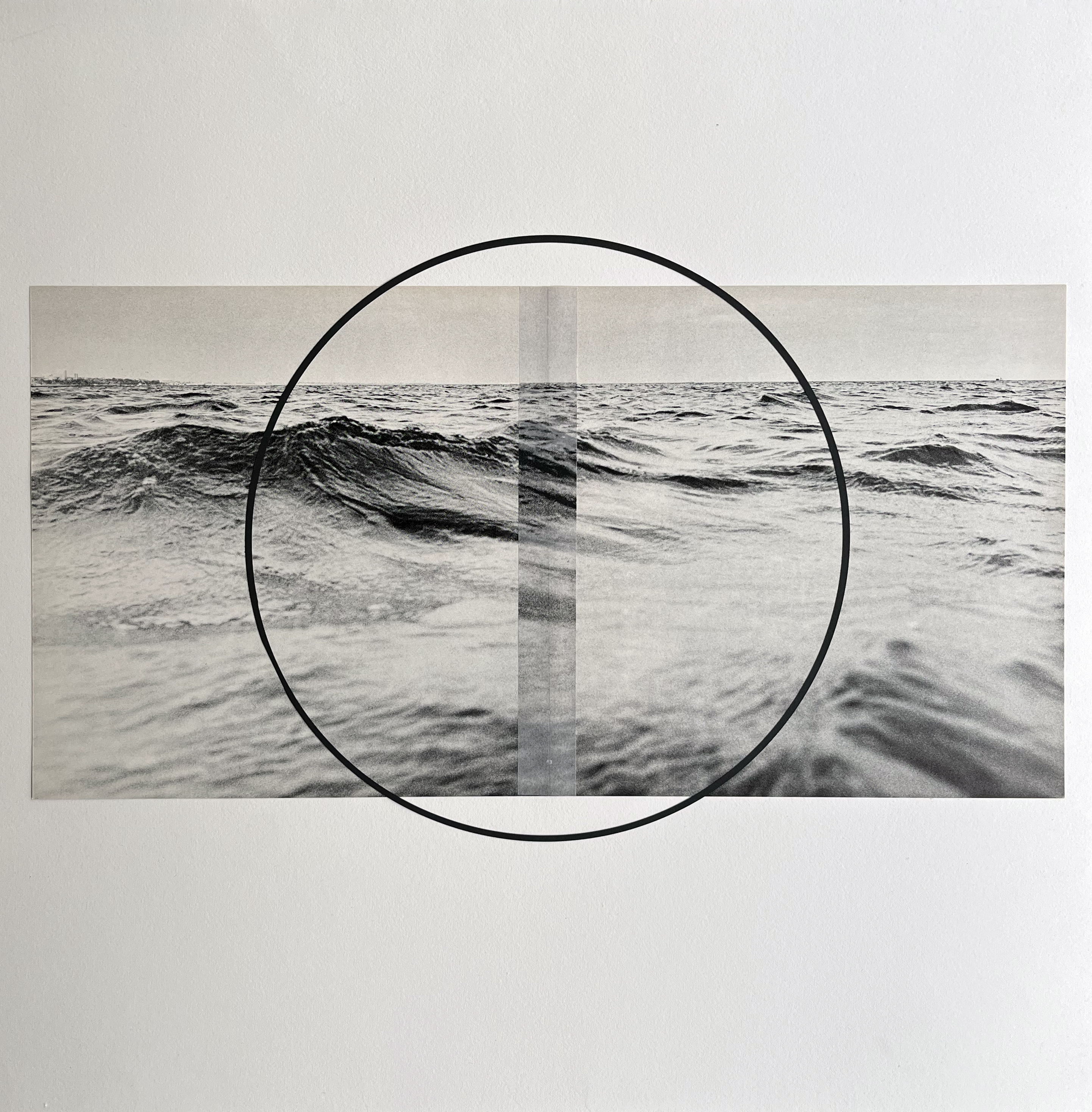 Square collage, muted earthy tones, landscape with ambiguous structure at the horizon