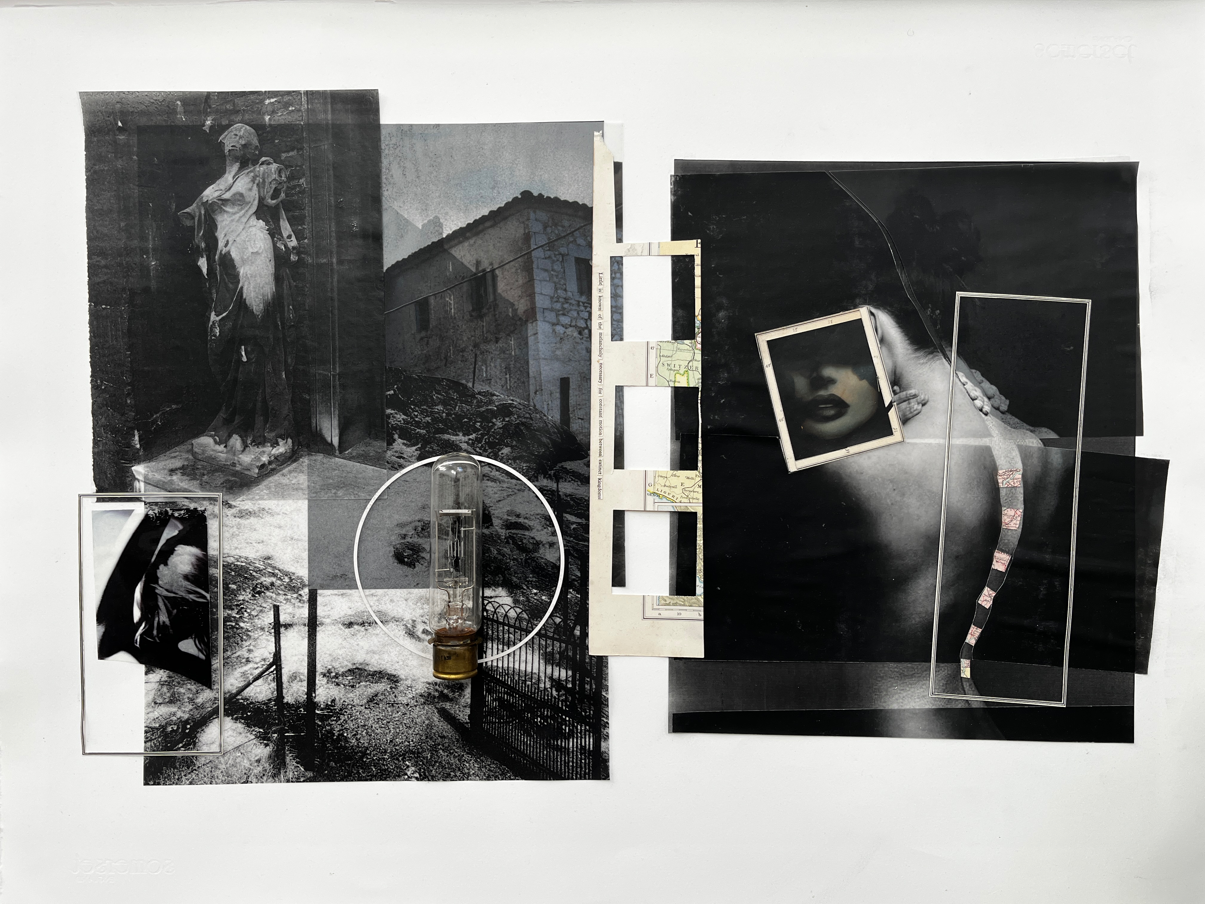 Large-format collage in greys and ochre, punctuated by a modified tree branch